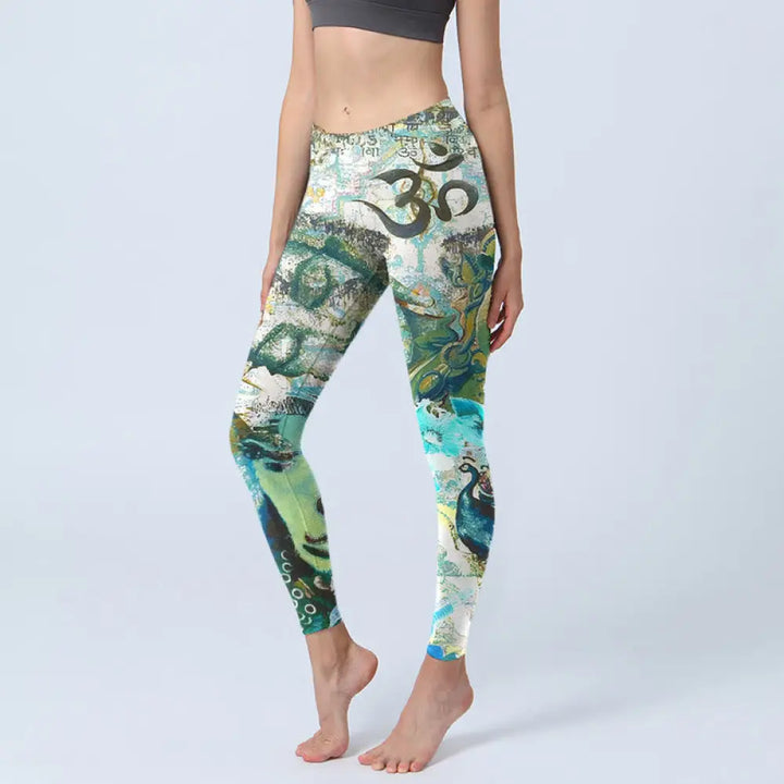 BWOOOH lotus print yoga leggings - Om Symbol Human Figure Peacock Lotus Pat