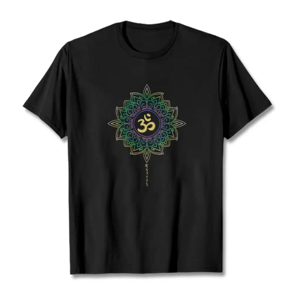 Buddha Stones OM Yellow Green Gradient Lotus Cotton Tee T-shirt - Black / S - T-Shirts