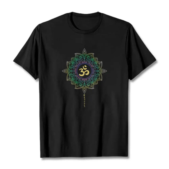 Buddha Stones OM Yellow Green Gradient Lotus Cotton Tee T-shirt - Black / S - T-Shirts