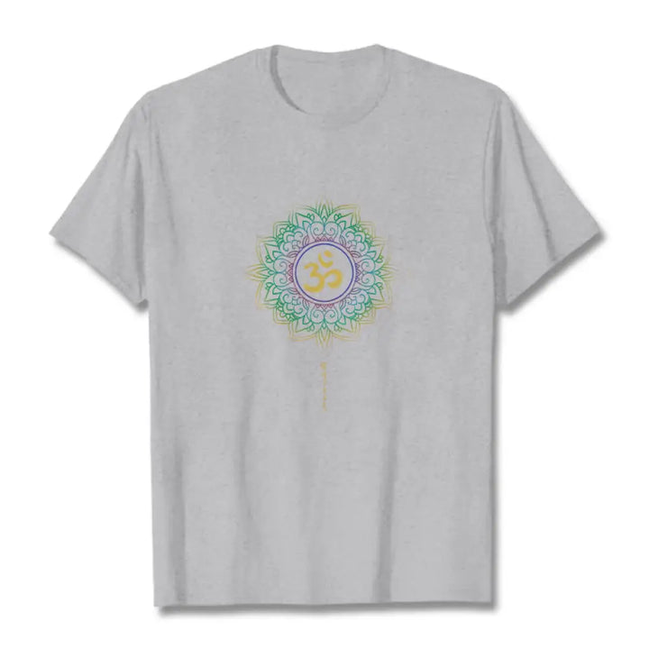 Buddha Stones OM Yellow Green Gradient Lotus Cotton Tee T-shirt - LightGrey / S - T-Shirts