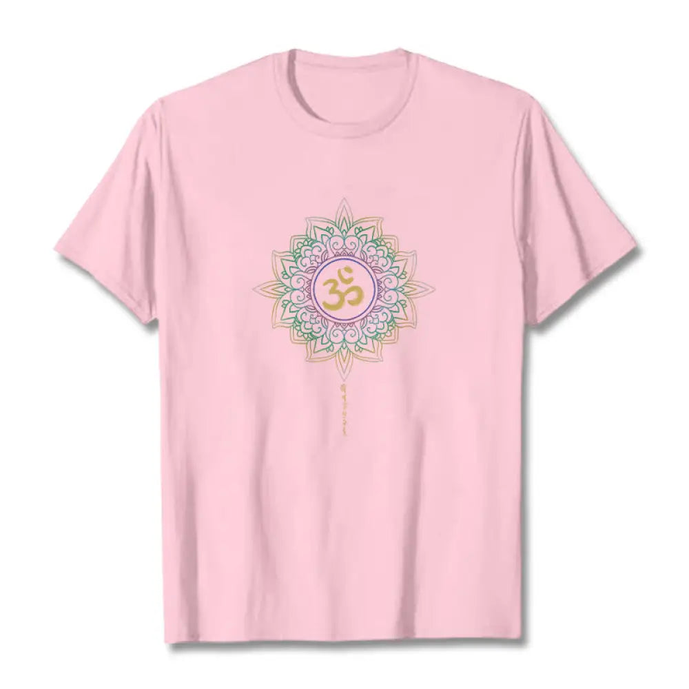 Buddha Stones OM Yellow Green Gradient Lotus Cotton Tee T-shirt - LightPink / S - T-Shirts