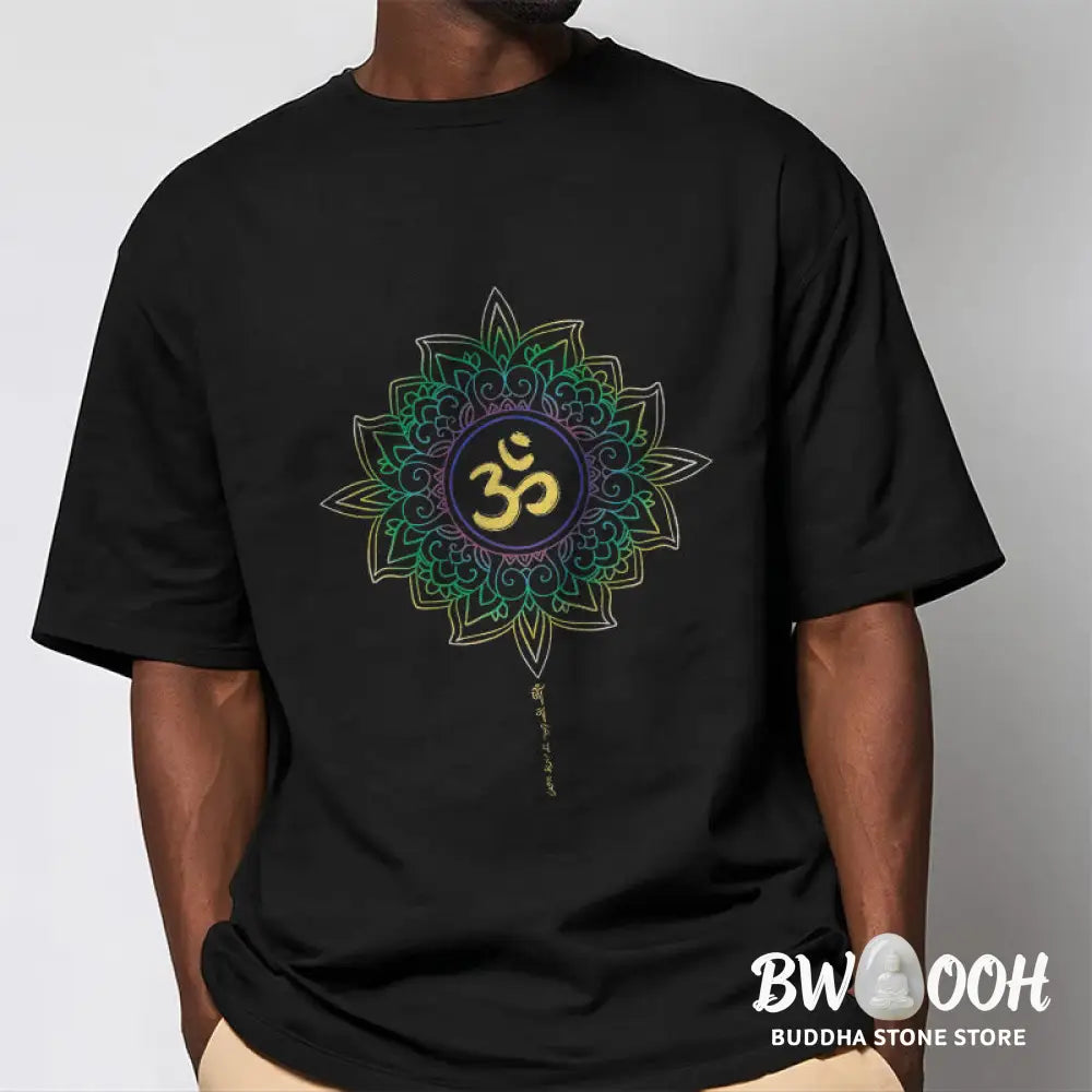Buddha Stones OM Yellow Green Gradient Lotus Cotton Tee T-shirt - T-Shirts