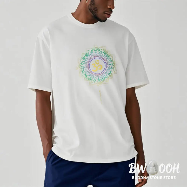 Buddha Stones OM Yellow Green Gradient Lotus Cotton Tee T-shirt - T-Shirts