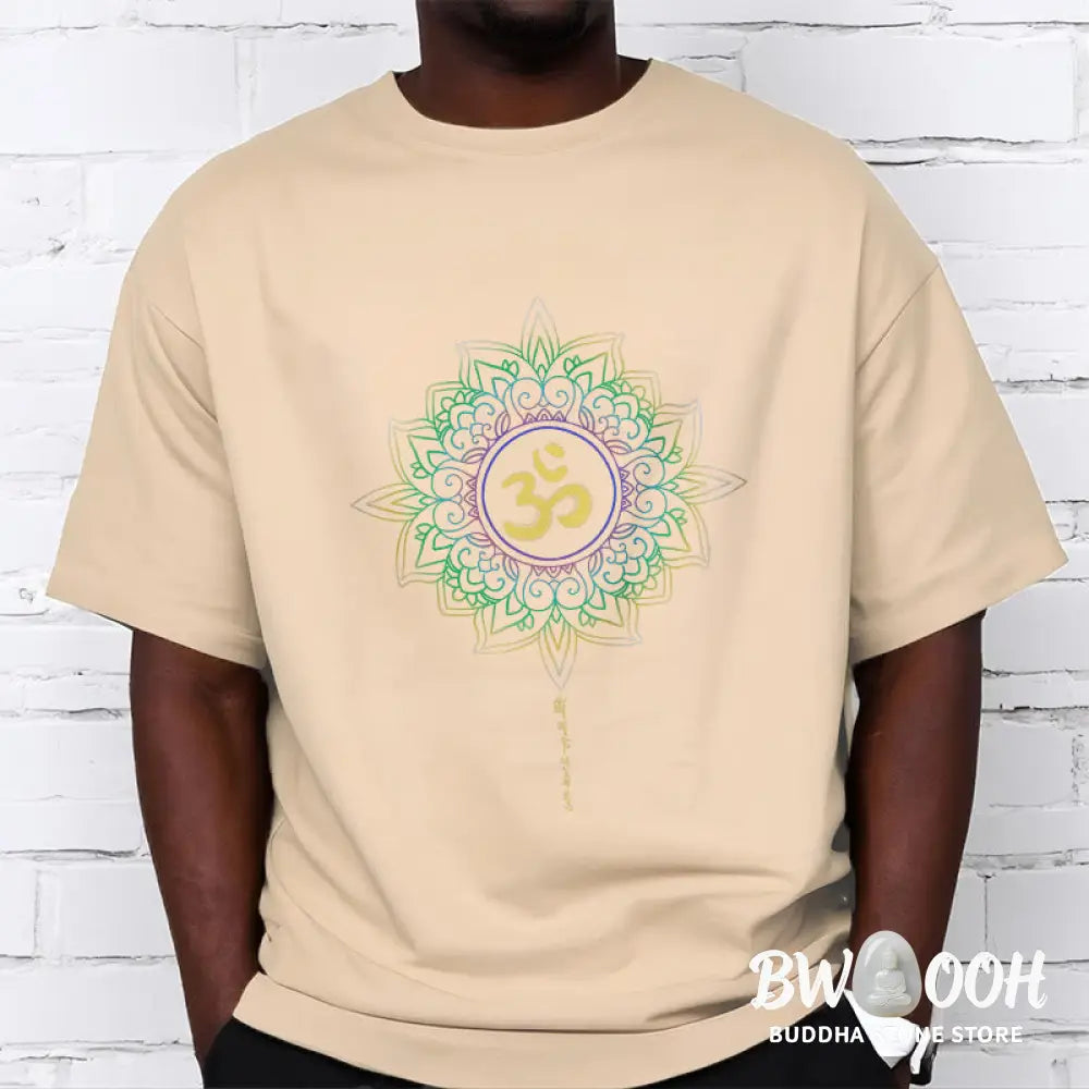 Buddha Stones OM Yellow Green Gradient Lotus Cotton Tee T-shirt - T-Shirts
