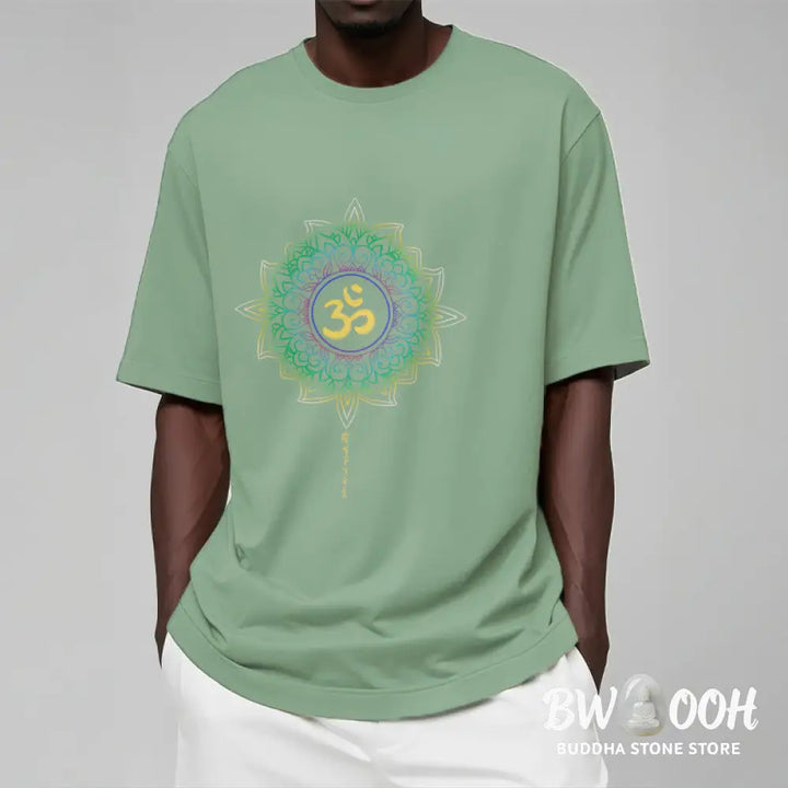Buddha Stones OM Yellow Green Gradient Lotus Cotton Tee T-shirt - T-Shirts