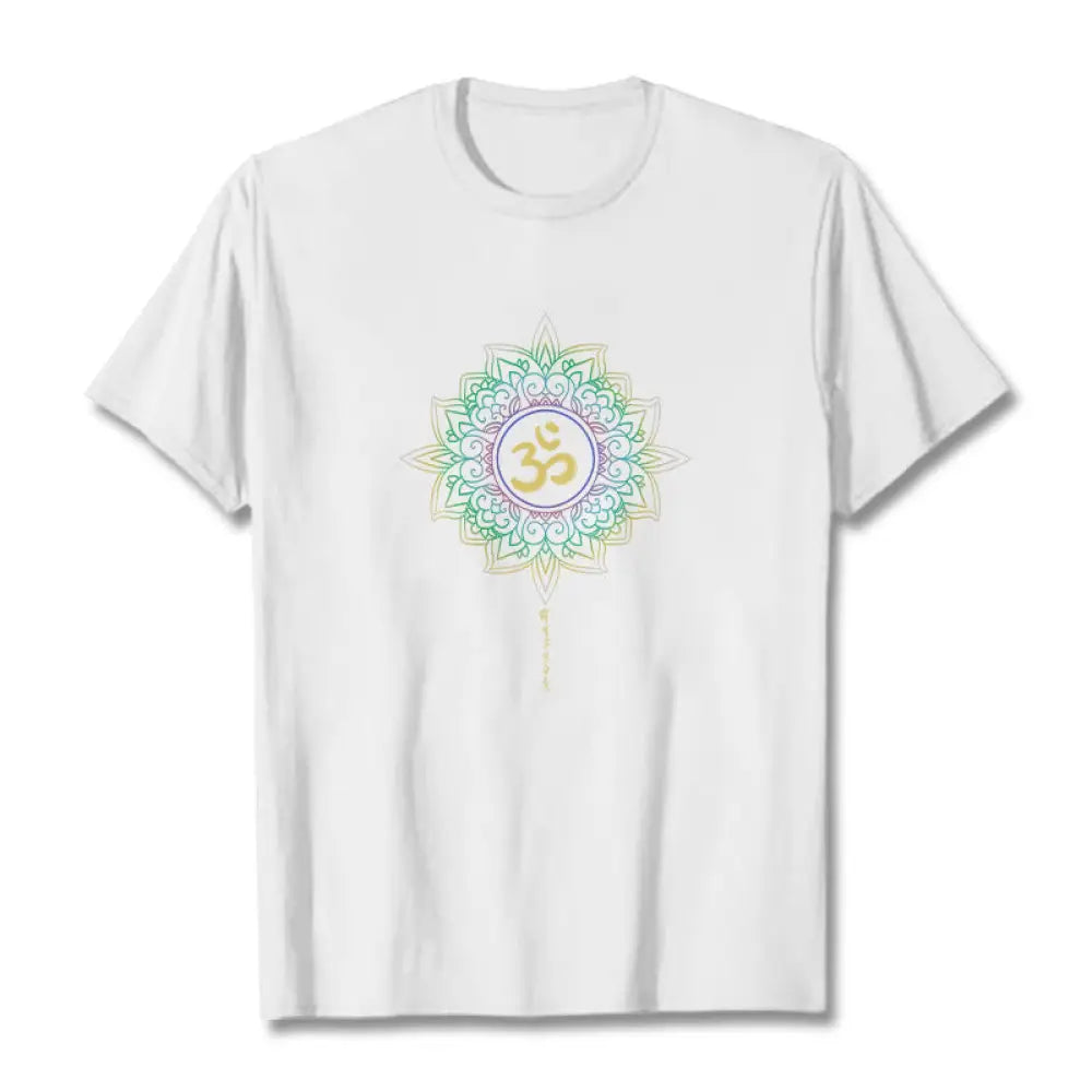 Buddha Stones OM Yellow Green Gradient Lotus Cotton Tee T-shirt - White / S - T-Shirts