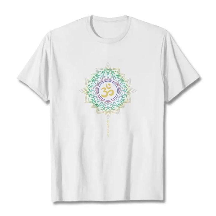 Buddha Stones OM Yellow Green Gradient Lotus Cotton Tee T-shirt - White / S - T-Shirts