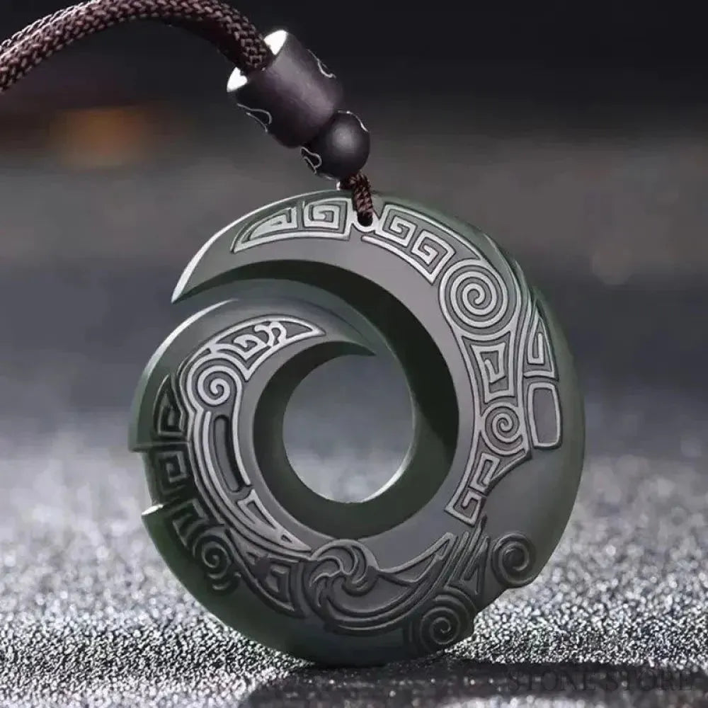 A BWOOOH Hetian Cyan Jade Peace Buckle Luck Necklace Pendant. The smooth, rounded cyan jade features the intricate 'One's Luck Improves' design pattern. The pendant's double-ringed peace buckle symbolizes universal harmony and inner tranquility, presented on a delicate chain. Focus is on the 33mm jade piece.