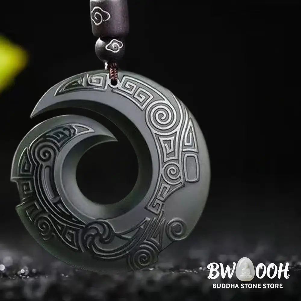 A BWOOOH Hetian Cyan Jade Peace Buckle Luck Necklace Pendant. The smooth, rounded cyan jade features the intricate &