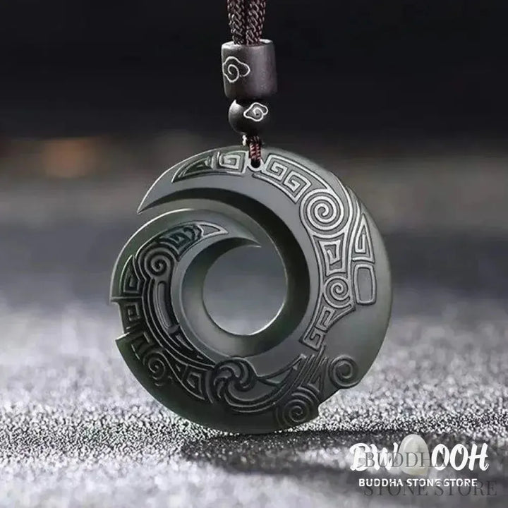 A BWOOOH Hetian Cyan Jade Peace Buckle Luck Necklace Pendant. The smooth, rounded cyan jade features the intricate &