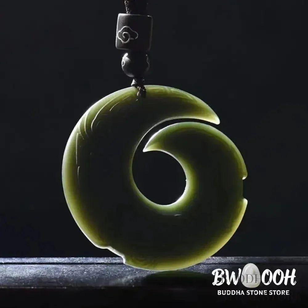 A BWOOOH Hetian Cyan Jade Peace Buckle Luck Necklace Pendant. The smooth, rounded cyan jade features the intricate &