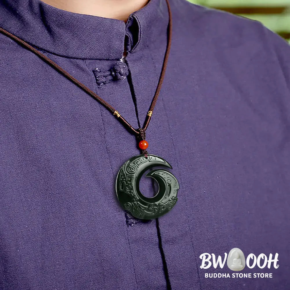 Buddha Stones One’s Luck Improves Design Patern Natural Hetian Cyan Jade Success Necklace Pendant - BWOOOH - Hetian