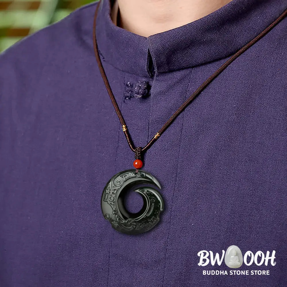 Buddha Stones One’s Luck Improves Design Patern Natural Hetian Cyan Jade Success Necklace Pendant - BWOOOH - Hetian