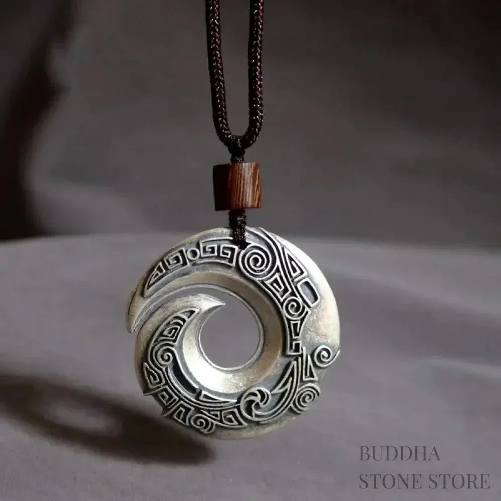 Close-up of BWOOOH "One's Luck Improves" design pattern copper necklace pendant (39x6mm), showcasing intricate symbols and polished copper texture, on a 50cm chain, embodying spiritual balance and wealth attraction.