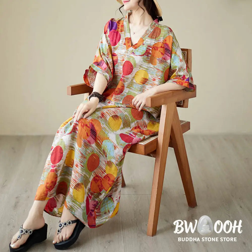 Buddha Stones Orange Blue Colorful Polka Dots Midi Dress Cotton Half Sleeve Dress With Pockets - Midi Dress