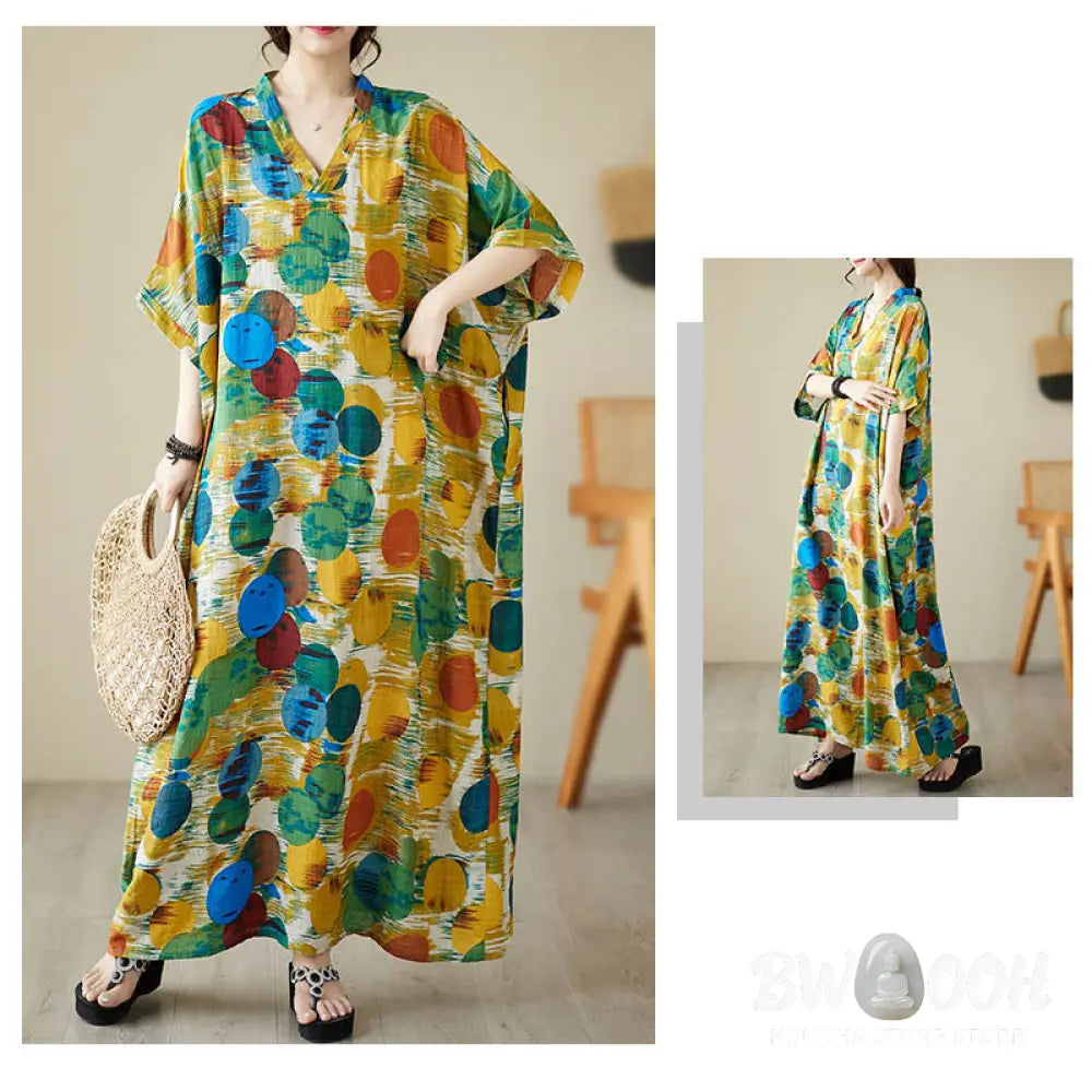 Buddha Stones Orange Blue Colorful Polka Dots Midi Dress Cotton Half Sleeve Dress With Pockets - Midi Dress