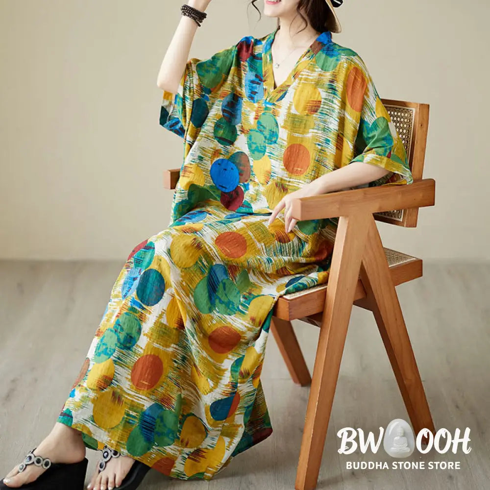 Buddha Stones Orange Blue Colorful Polka Dots Midi Dress Cotton Half Sleeve Dress With Pockets - Midi Dress