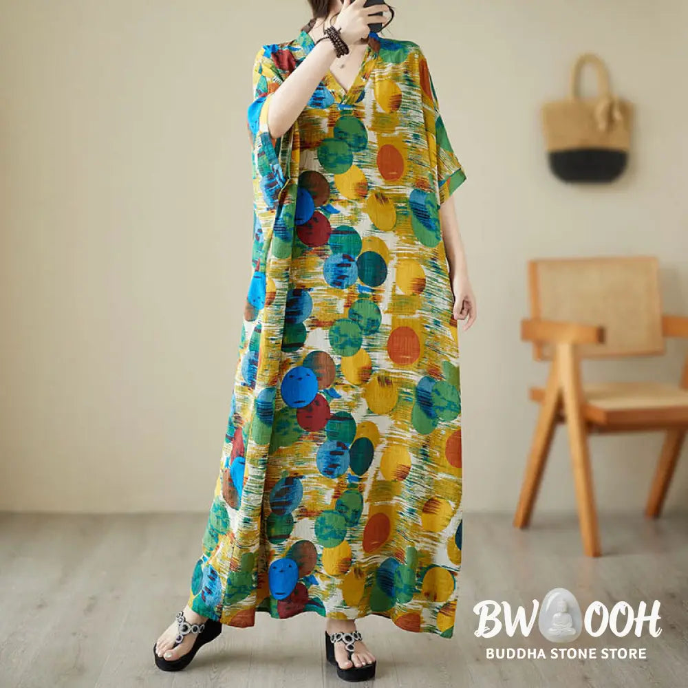 Buddha Stones Orange Blue Colorful Polka Dots Midi Dress Cotton Half Sleeve Dress With Pockets - Midi Dress