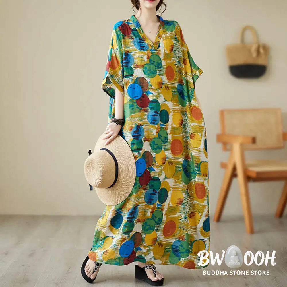 Buddha Stones Orange Blue Colorful Polka Dots Midi Dress Cotton Half Sleeve Dress With Pockets - Midi Dress