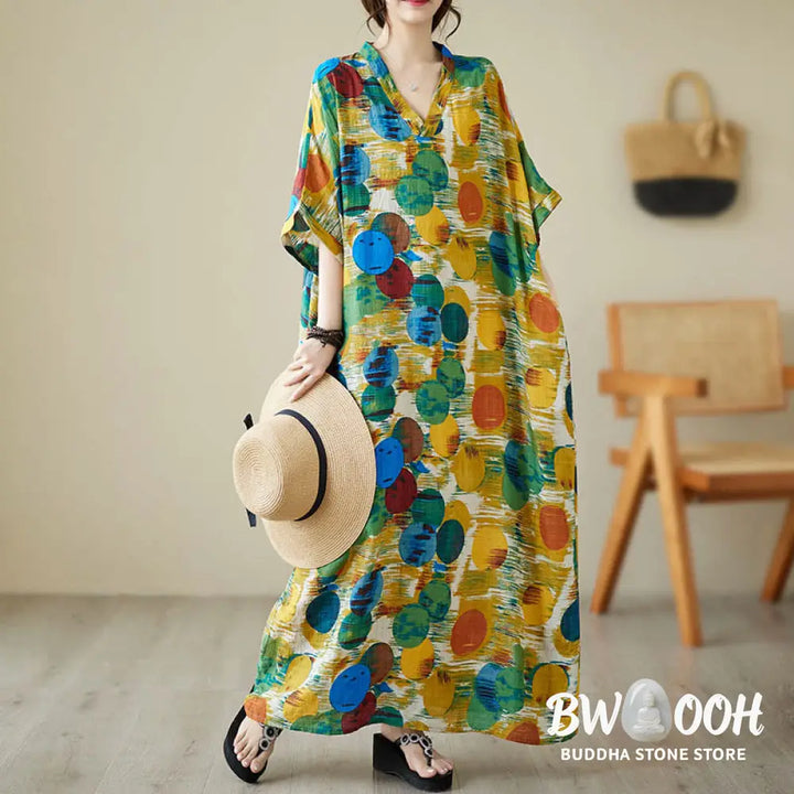 Buddha Stones Orange Blue Colorful Polka Dots Midi Dress Cotton Half Sleeve Dress With Pockets - Midi Dress