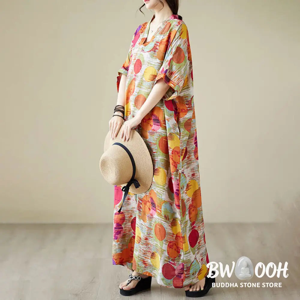 Buddha Stones Orange Blue Colorful Polka Dots Midi Dress Cotton Half Sleeve Dress With Pockets - Midi Dress
