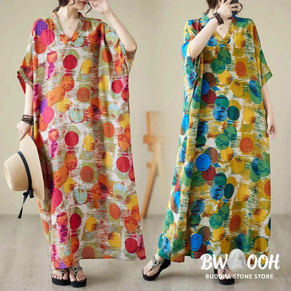 Buddha Stones Orange Blue Colorful Polka Dots Midi Dress Cotton Half Sleeve Dress With Pockets - Midi Dress