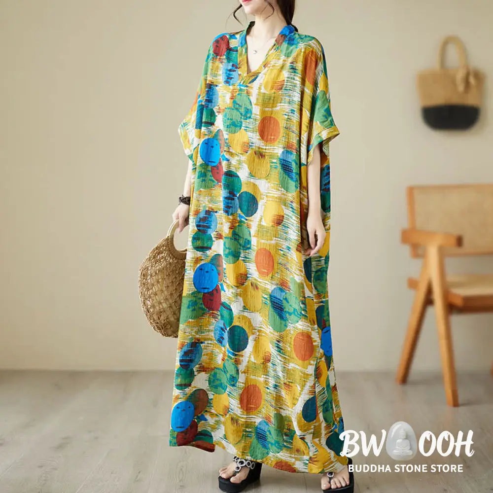 Buddha Stones Orange Blue Colorful Polka Dots Midi Dress Cotton Half Sleeve Dress With Pockets - Midi Dress