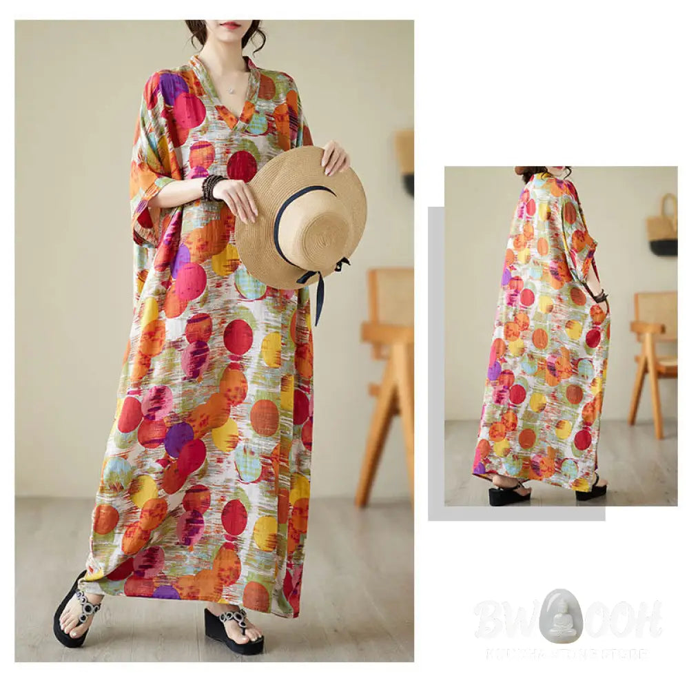 Buddha Stones Orange Blue Colorful Polka Dots Midi Dress Cotton Half Sleeve Dress With Pockets - Midi Dress