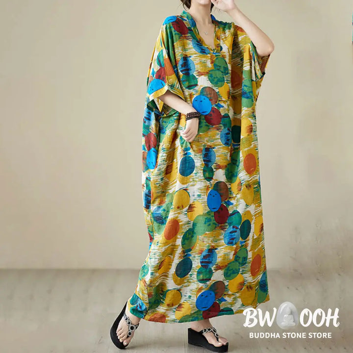 Buddha Stones Orange Blue Colorful Polka Dots Midi Dress Cotton Half Sleeve Dress With Pockets - Midi Dress