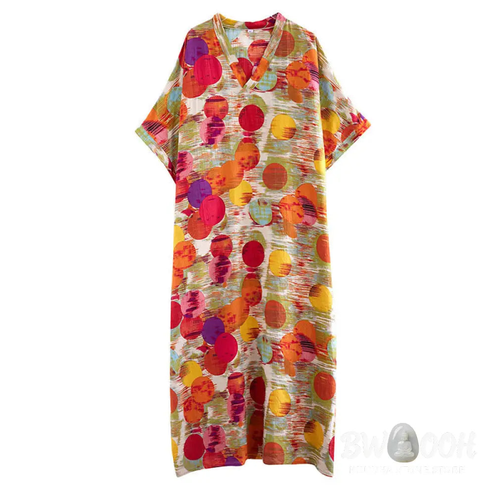 Buddha Stones Orange Blue Colorful Polka Dots Midi Dress Cotton Half Sleeve Dress With Pockets - Midi Dress