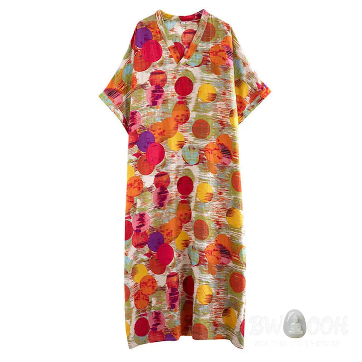 Buddha Stones Orange Blue Colorful Polka Dots Midi Dress Cotton Half Sleeve Dress With Pockets - Midi Dress