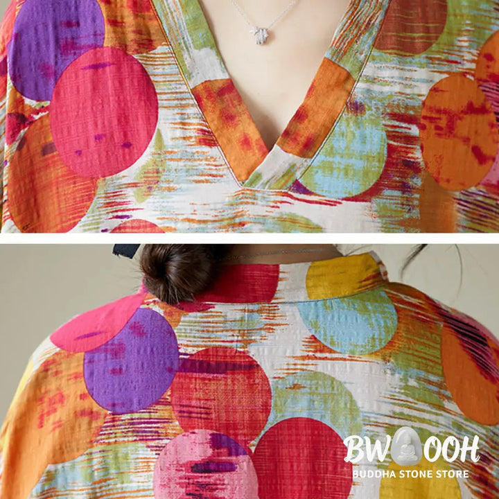 Buddha Stones Orange Blue Colorful Polka Dots Midi Dress Cotton Half Sleeve Dress With Pockets - Midi Dress