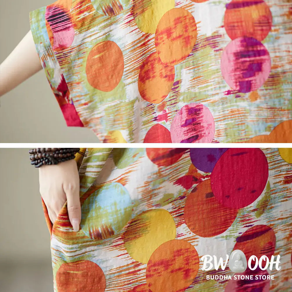Buddha Stones Orange Blue Colorful Polka Dots Midi Dress Cotton Half Sleeve Dress With Pockets - Midi Dress