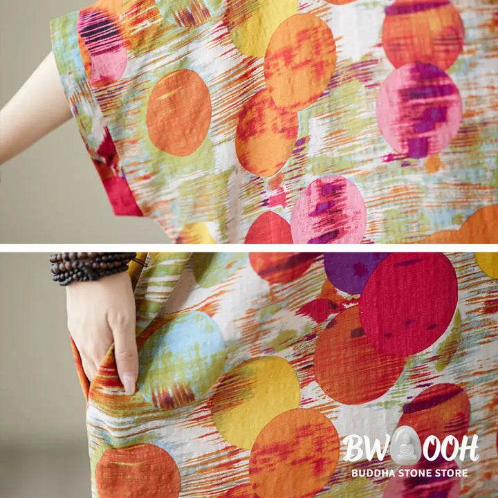 Buddha Stones Orange Blue Colorful Polka Dots Midi Dress Cotton Half Sleeve Dress With Pockets - Midi Dress