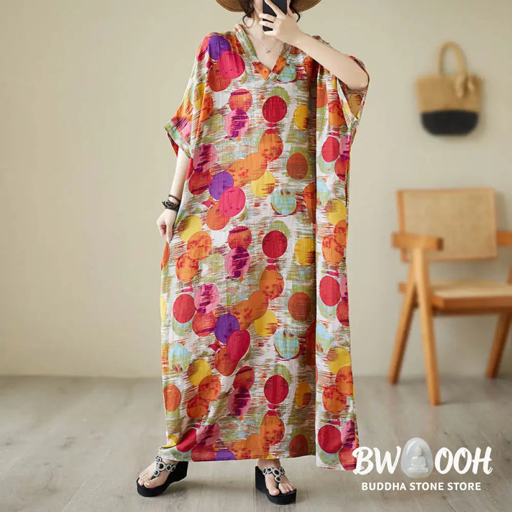 Buddha Stones Orange Blue Colorful Polka Dots Midi Dress Cotton Half Sleeve Dress With Pockets - Midi Dress