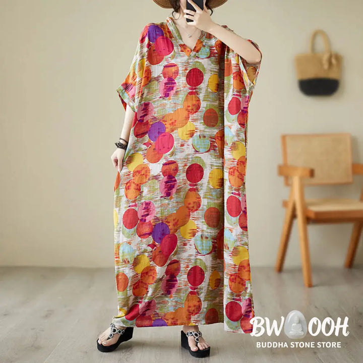 Buddha Stones Orange Blue Colorful Polka Dots Midi Dress Cotton Half Sleeve Dress With Pockets - Midi Dress