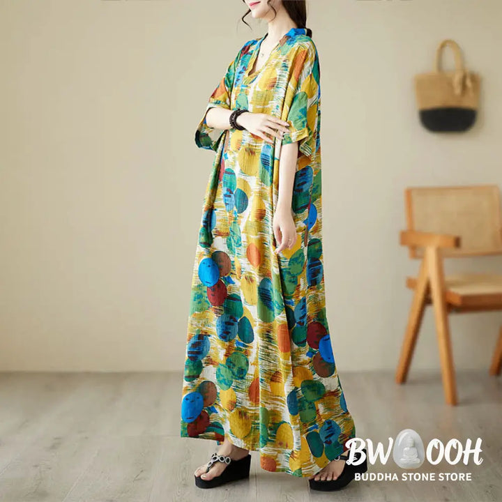 Buddha Stones Orange Blue Colorful Polka Dots Midi Dress Cotton Half Sleeve Dress With Pockets - Midi Dress