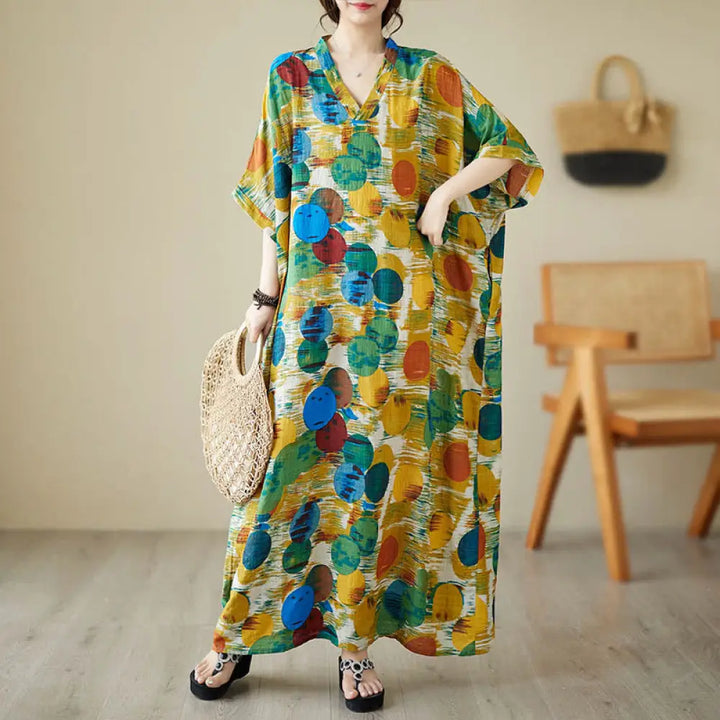 BWOOOH Orange Blue Colorful Polka Dots Midi Dress Cotton 