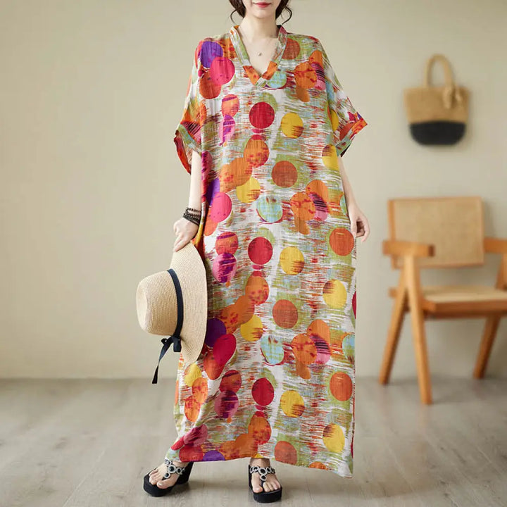 Buddha Stones Orange Blue Colorful Polka Dots Midi Dress Cotton Half Sleeve Dress With Pockets - Orange(Dress Only)