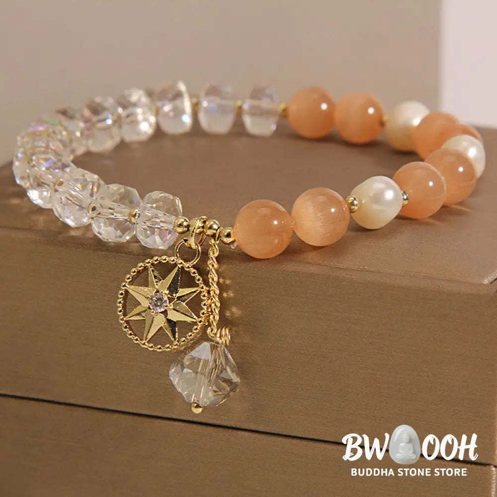 Buddha Stones Orange Cat’s Eye White Crystal Star Support Bracelet - BWOOOH - Cat’s Eye&amp;White Crystal - Bracelet