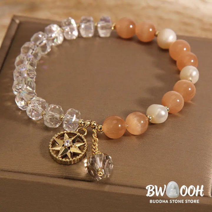 Buddha Stones Orange Cat’s Eye White Crystal Star Support Bracelet - BWOOOH - Cat’s Eye&amp;White Crystal - Bracelet