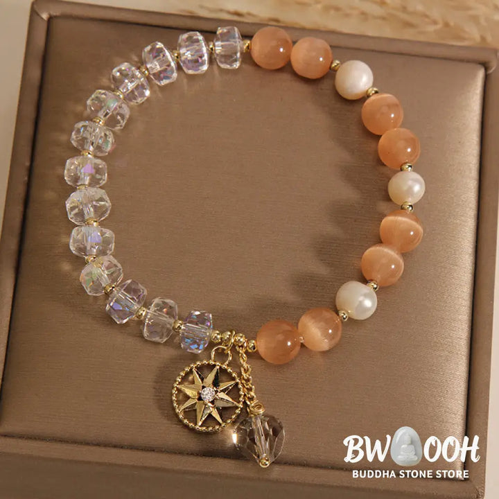 Buddha Stones Orange Cat’s Eye White Crystal Star Support Bracelet - BWOOOH - Cat’s Eye&amp;White Crystal - Bracelet