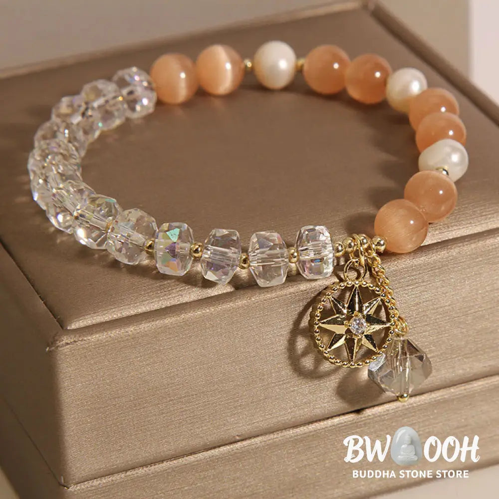Buddha Stones Orange Cat’s Eye White Crystal Star Support Bracelet - BWOOOH - Cat’s Eye&amp;White Crystal - Bracelet