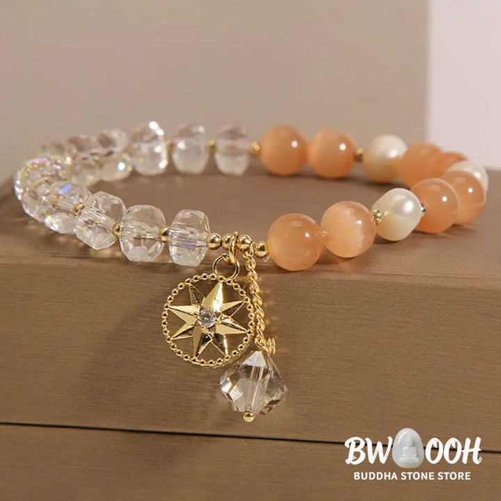 Buddha Stones Orange Cat’s Eye White Crystal Star Support Bracelet - BWOOOH - Cat’s Eye&amp;White Crystal - Bracelet