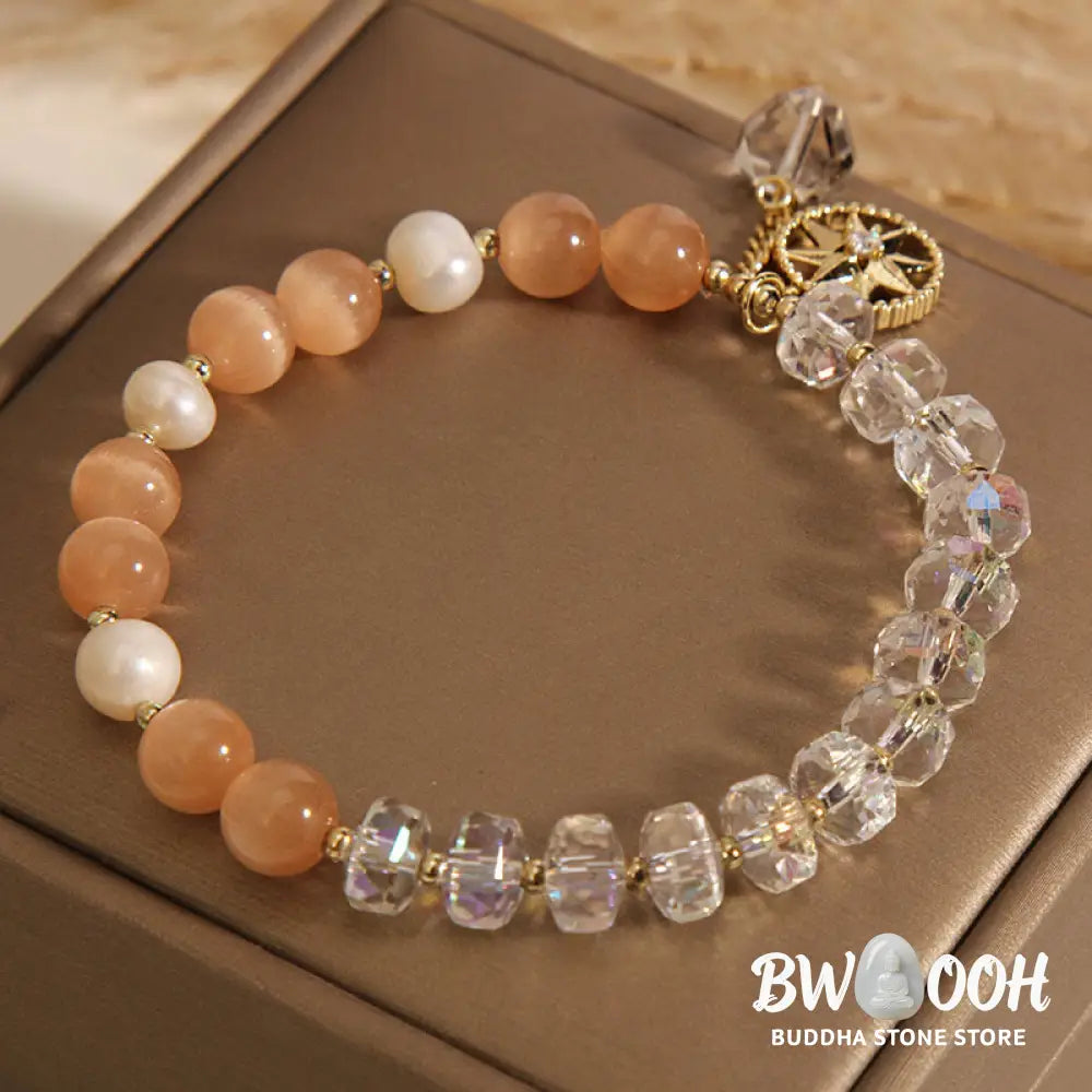 Buddha Stones Orange Cat’s Eye White Crystal Star Support Bracelet - BWOOOH - Cat’s Eye&amp;White Crystal - Bracelet