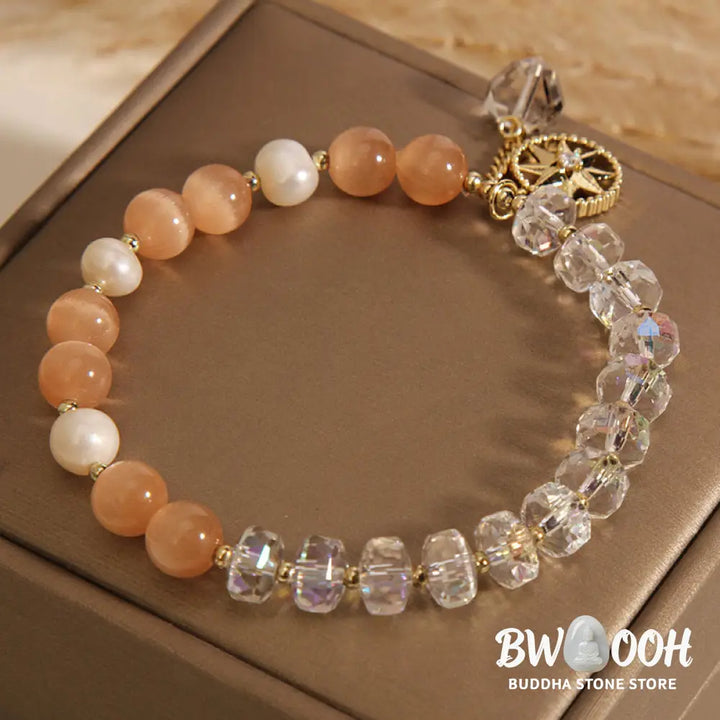 Buddha Stones Orange Cat’s Eye White Crystal Star Support Bracelet - BWOOOH - Cat’s Eye&amp;White Crystal - Bracelet