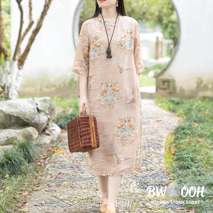 Buddha Stones Orange Flower Bird Print Cheongsam Midi Dress Cotton Linen Half Sleeve Dress With Pockets - Cheongsam