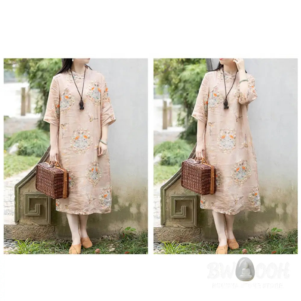 Buddha Stones Orange Flower Bird Print Cheongsam Midi Dress Cotton Linen Half Sleeve Dress With Pockets - Cheongsam
