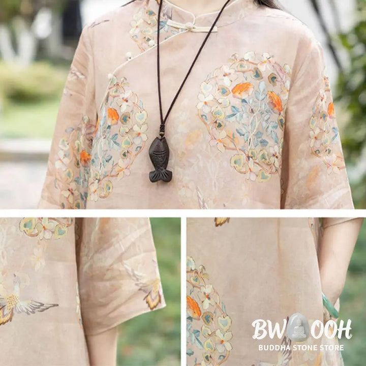 Buddha Stones Orange Flower Bird Print Cheongsam Midi Dress Cotton Linen Half Sleeve Dress With Pockets - Cheongsam