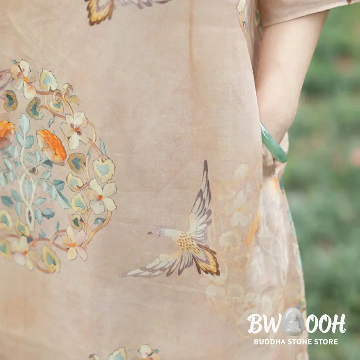 Buddha Stones Orange Flower Bird Print Cheongsam Midi Dress Cotton Linen Half Sleeve Dress With Pockets - Cheongsam